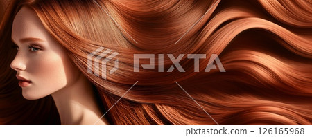 Young beautiful woman with long shiny silky ginger red redhead hairstyle.Macro.AI Generative. 126165968