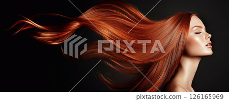 Young beautiful woman with long shiny silky ginger red redhead hairstyle.AI Generative. 126165969