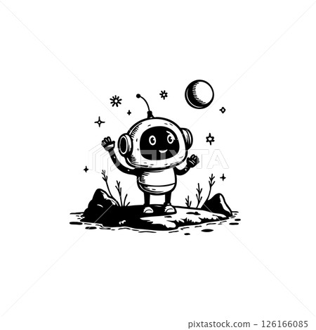 Friendly space robot exploring alien terrain in a minimalist black and white design 126166085