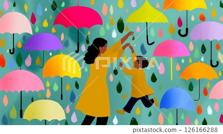 Playful moments under colorful umbrellas in a vibrant rain-themed environment with a parent and child enjoying together 126166288