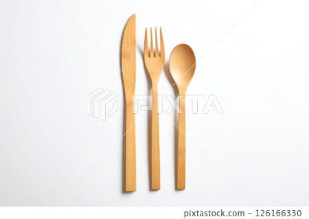 Wooden spoon, fork and knife (tableware, reuse, sustainable, ethical consumption, white background) 126166330