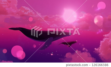 Whale swimming under a vibrant sunset sky with clouds and ocean hues creating an enchanting atmosphere 126166386