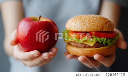 Healthy eating choices showcased with a vibrant apple and a delicious hamburger held in hands 126166415