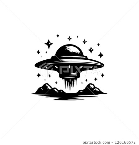 Stylized monochrome depiction of a ufo hovering above a rocky landscape Stylized monochrome depiction of a ufo hovering above a rocky landscape 126166572