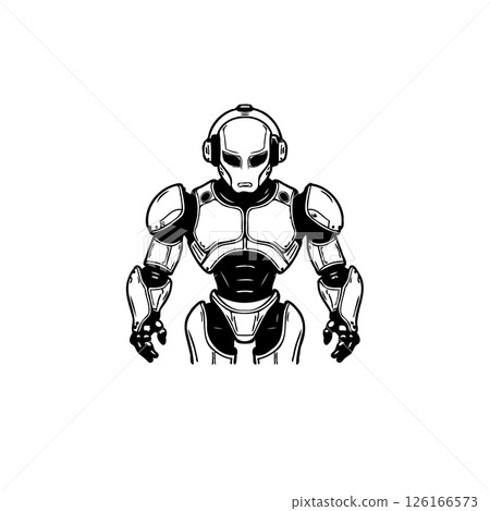 Monochrome illustration of a futuristic robotic entity with advanced armor design Monochrome illustration of a futuristic robotic entity with advanced armor design 126166573