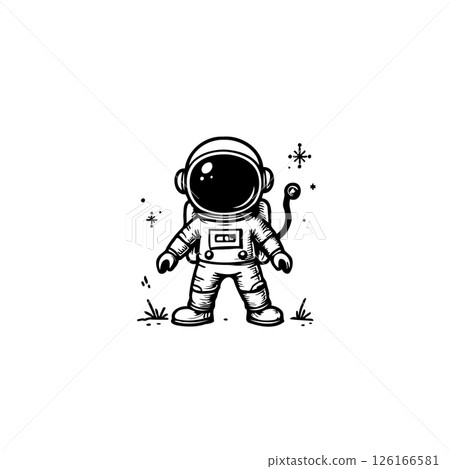 Monochrome illustration of a whimsical astronaut standing amidst the stars Monochrome illustration of a whimsical astronaut standing amidst the stars 126166581