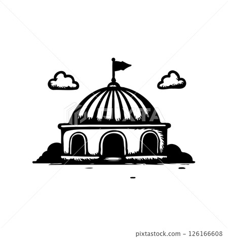 Stylized vector illustration of a domed building with a flag and cloudscape 126166608