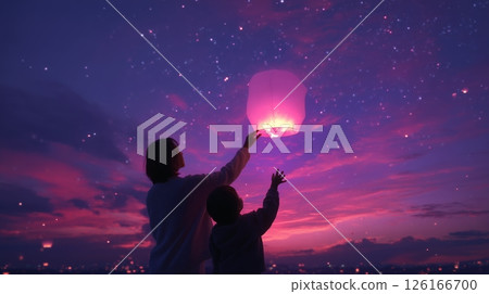 Releasing floating lanterns into a vibrant twilight sky at a serene outdoor location with a child 126166700
