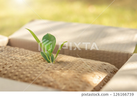 Green leaf on eco friendly brown paper honeycomb wrap for product packaging parcel carton box Green leaf on eco friendly brown paper honeycomb wrap for product packaging parcel carton box 126166739