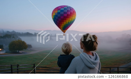 Mother and child enjoy colorful hot air balloon ride during misty dawn in serene landscape Mother and child enjoy colorful hot air balloon ride during misty dawn in serene landscape 126166868