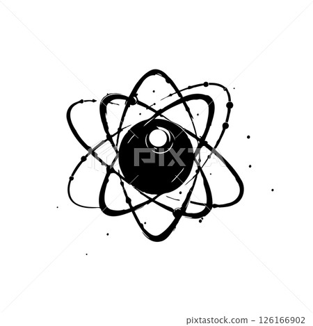 Abstract atom representation with orbital paths in a monochrome ink drawing 126166902