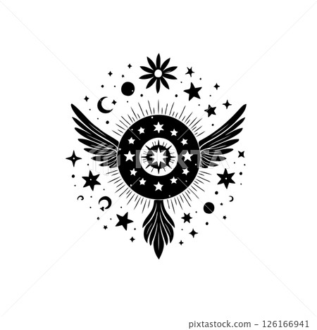 Celestial heraldry, winged mystical eye with stars and cosmic elements Celestial heraldry, winged mystical eye with stars and cosmic elements 126166941