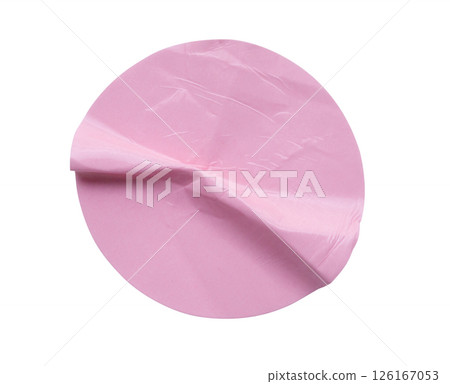 Blank pink round adhesive paper sticker label isolated on white background 126167053