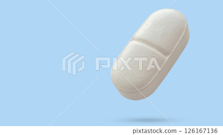 White medicine pill tablet float on blue background White medicine pill tablet float on blue background 126167136