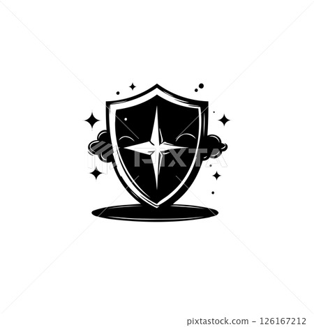 Illustrative insignia with celestial emblem, shield, and dreamlike atmospheric elements Illustrative insignia with celestial emblem, shield, and dreamlike atmospheric elements 126167212