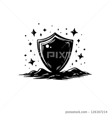 Mystical shield emblem symbolizing protection and resilience with celestial accents Mystical shield emblem symbolizing protection and resilience with celestial accents 126167214