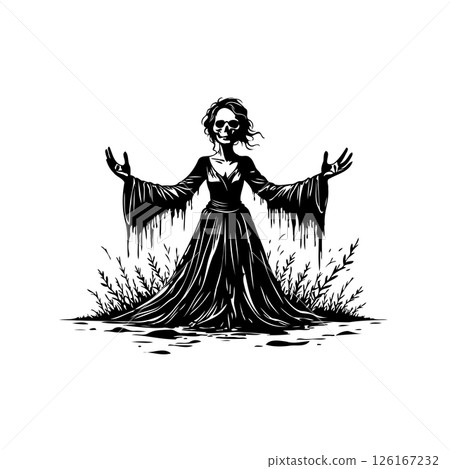 Monochrome representation of spectral female figure in ethereal surroundings Monochrome representation of spectral female figure in ethereal surroundings 126167232