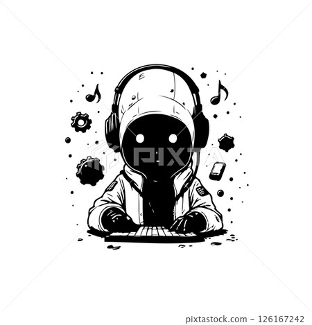 Monochrome Digital Artist: A Futuristic AI Character Immersed in Creative Coding 126167242