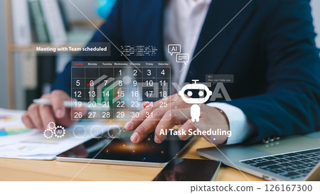AI task scheduling timeline, AI-enhanced tools empower teams manage workloads, Businessman organizing schedule using Ai, Multitasking to finish daily agenda with AI smart things concept. AI task scheduling timeline, AI-enhanced tools empower teams manage workloads, Businessman organizing schedule using Ai, Multitasking to finish daily agenda with AI smart things concept. 126167300