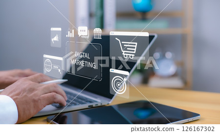 Digital marketing concept, Hands using computer with icon Representing online advertising, E-commerce, SEO, Social media,Targeting strategy, Content creation and internet marketing for business growth 126167302