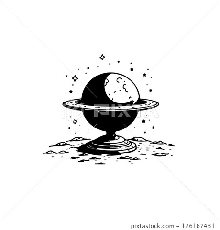 Monochrome celestial sphere standing on surreal lunar surface illustration Monochrome celestial sphere standing on surreal lunar surface illustration 126167431