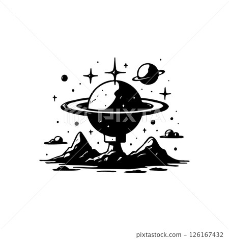 Monochromatic cosmic landscape featuring planets above rugged terrain design Monochromatic cosmic landscape featuring planets above rugged terrain design 126167432