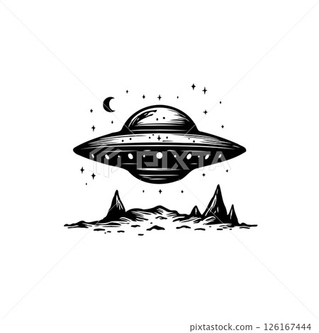 Monochrome UFO Flying Over Rocky Terrain Under a Starry Night Sky Illustration 126167444