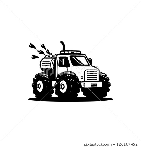 Stylized black and white cartoon monster truck design with oversized tires 126167452
