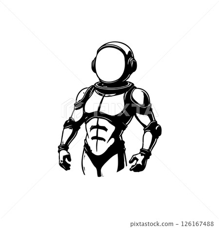 Monochrome depiction of a futuristic armored figure standing with authority 126167488
