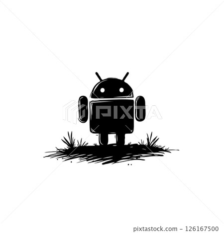 Simple depiction of a stylized robot figure standing in graphic textured field 126167500