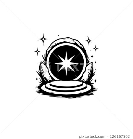 Monochrome portal illustration featuring celestial star design and stone platform Monochrome portal illustration featuring celestial star design and stone platform 126167502