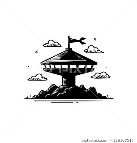 Monochromatic observatory illustration set against a stylized cloudscape backdrop Monochromatic observatory illustration set against a stylized cloudscape backdrop 126167515