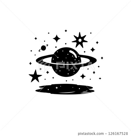 Stylized depiction of a ringed planet with stars, evoking cosmic wonder 126167528