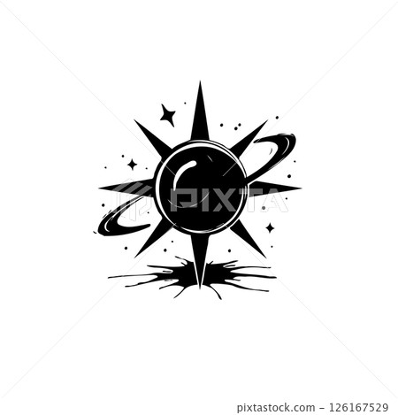 Stylized celestial body with cosmic halo and emanating energy burst illustration 126167529