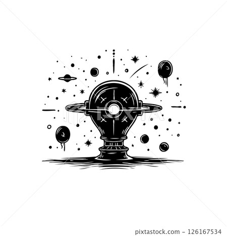 Illustrative cosmic orb amidst stardust and celestial wanderings in monochrome Illustrative cosmic orb amidst stardust and celestial wanderings in monochrome 126167534