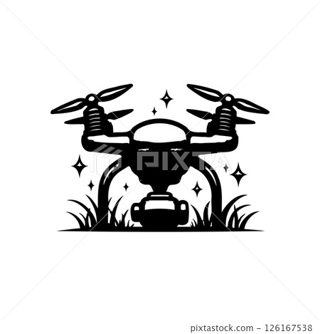 Monochrome Drone Graphic with Camera Over Lush Ground, Silhouette Design 126167538