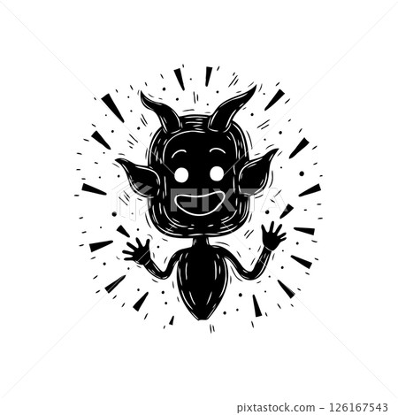 Whimsical horned character radiates playful charm in monochrome graphic design Whimsical horned character radiates playful charm in monochrome graphic design 126167543