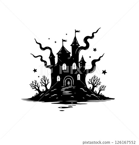 Haunted Castle Illustration: Spooky Silhouette Against White Background Display 126167552