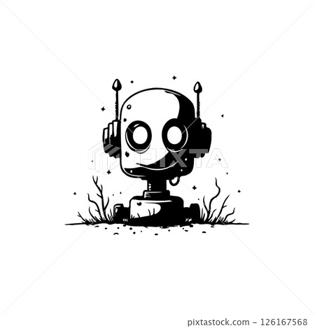 Monochrome illustration of a cute futuristic robot exploring a celestial garden 126167568