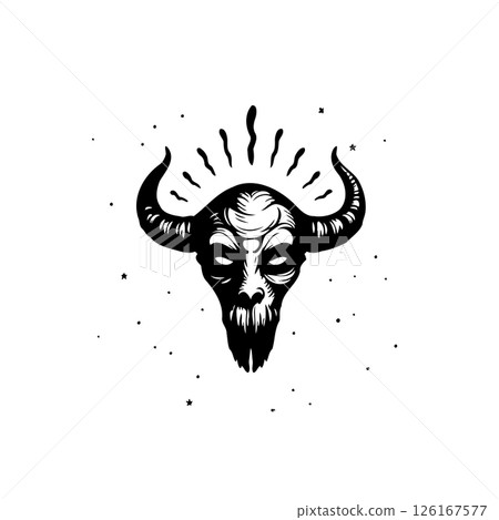 Stylized monochrome illustration of a sinister bull skull with radial lines Stylized monochrome illustration of a sinister bull skull with radial lines 126167577