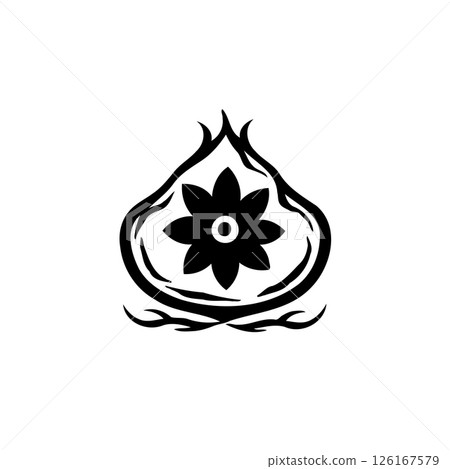Stylized floral arrangement enclosed within a teardrop shaped border design 126167579