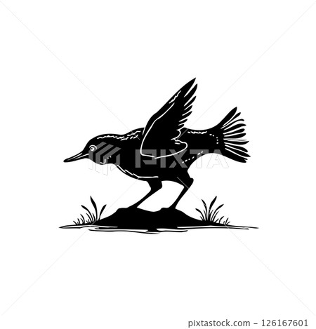 Silhouette avian figure poised for flight over minimal vegetation patch illustration Silhouette avian figure poised for flight over minimal vegetation patch illustration 126167601