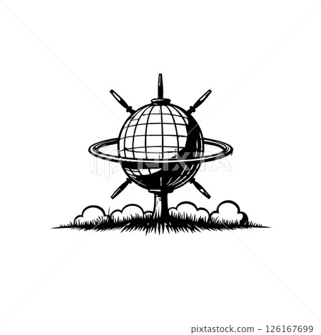 Stylized global emblem with rings, antennas and cloud base representing innovation Stylized global emblem with rings, antennas and cloud base representing innovation 126167699