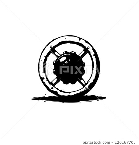 Monochrome abstract mechanical design featuring a central sphere and wheel pattern 126167703