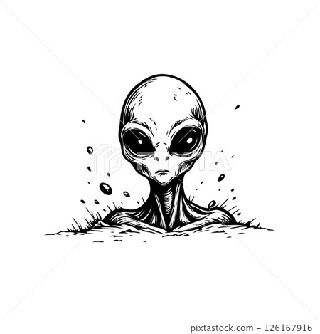 Monochrome depiction of a grey alien emerging from subterranean layer Monochrome depiction of a grey alien emerging from subterranean layer 126167916