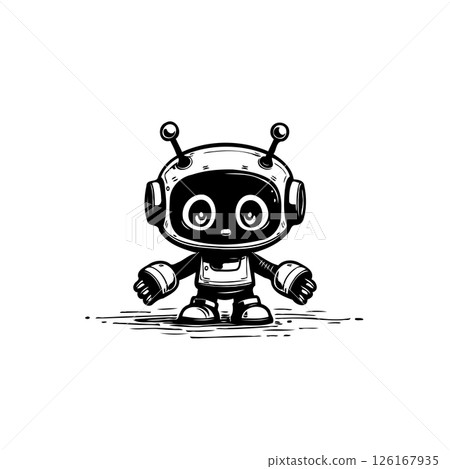 Monochrome depiction of a whimsical robot character with endearing features Monochrome depiction of a whimsical robot character with endearing features 126167935