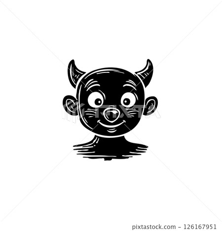 Whimsical Devil Character Portrait with Cartoonish Charm and Engraved Texture 126167951