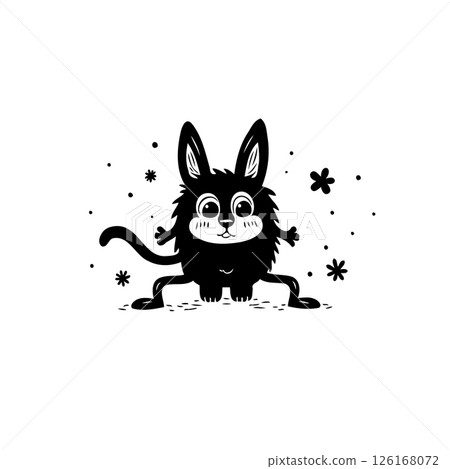 Whimsical Creature: Playful Black and White Illustration of a Fluffy Being 126168072