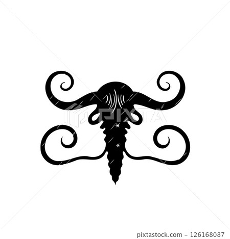 Intricate silhouette: Surreal creature with spiraled horns, black and mysterious design 126168087