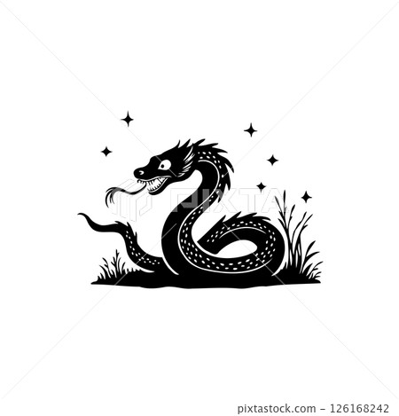 Stylized Dragon Silhouette with Stars and Foliage on White Background Art Stylized Dragon Silhouette with Stars and Foliage on White Background Art 126168242